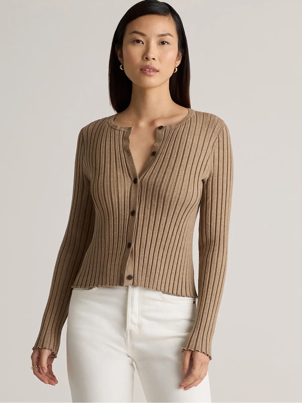 Quince Eco-Knit Cropped Rib Cardigan Warm Taupe M